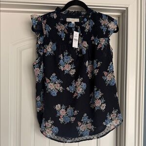 LOFT Navy Floral Smocked Yoke Flutter Sleeve Top